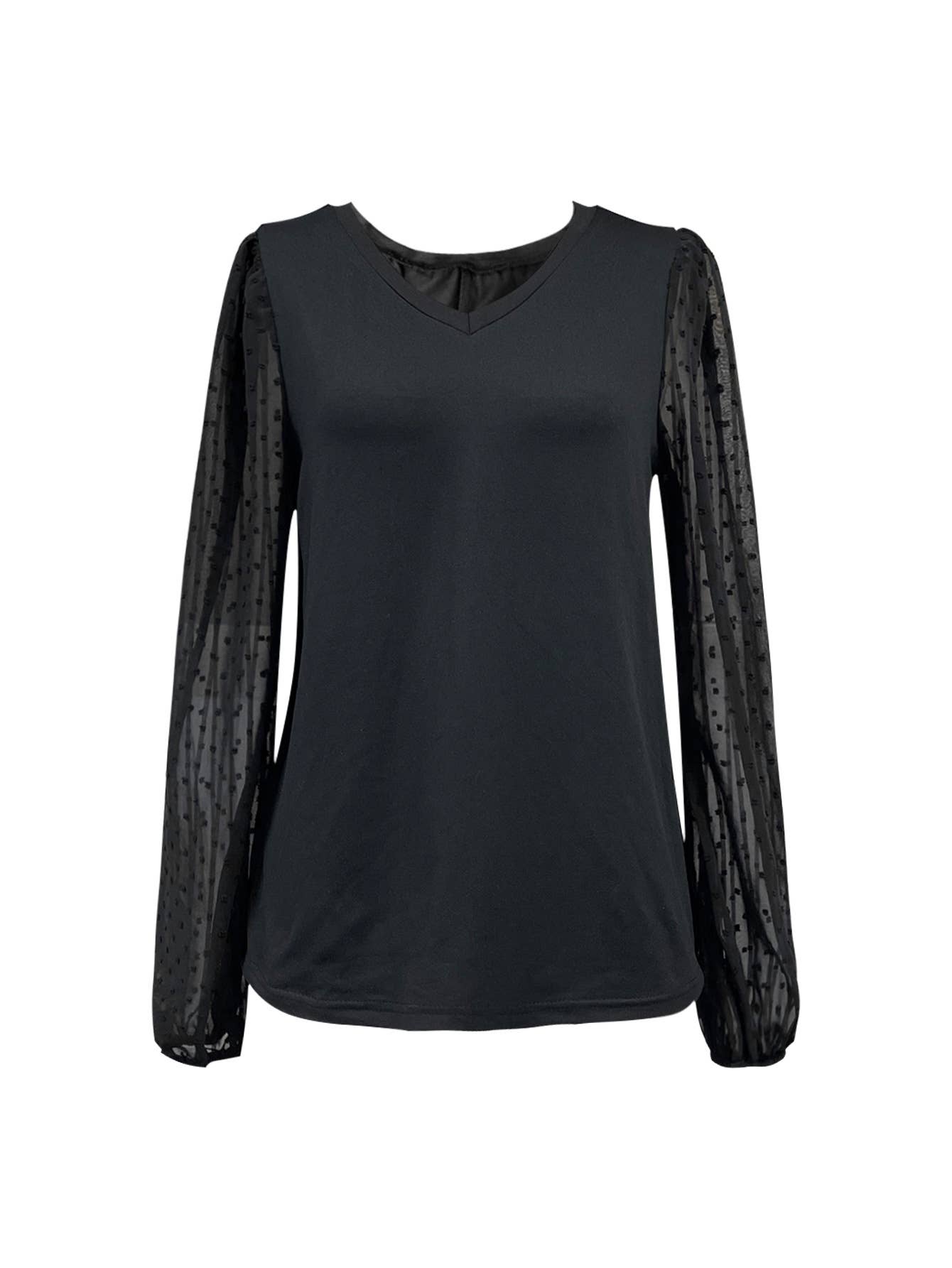 Solid-color V-neck patchwork long-sleeved top