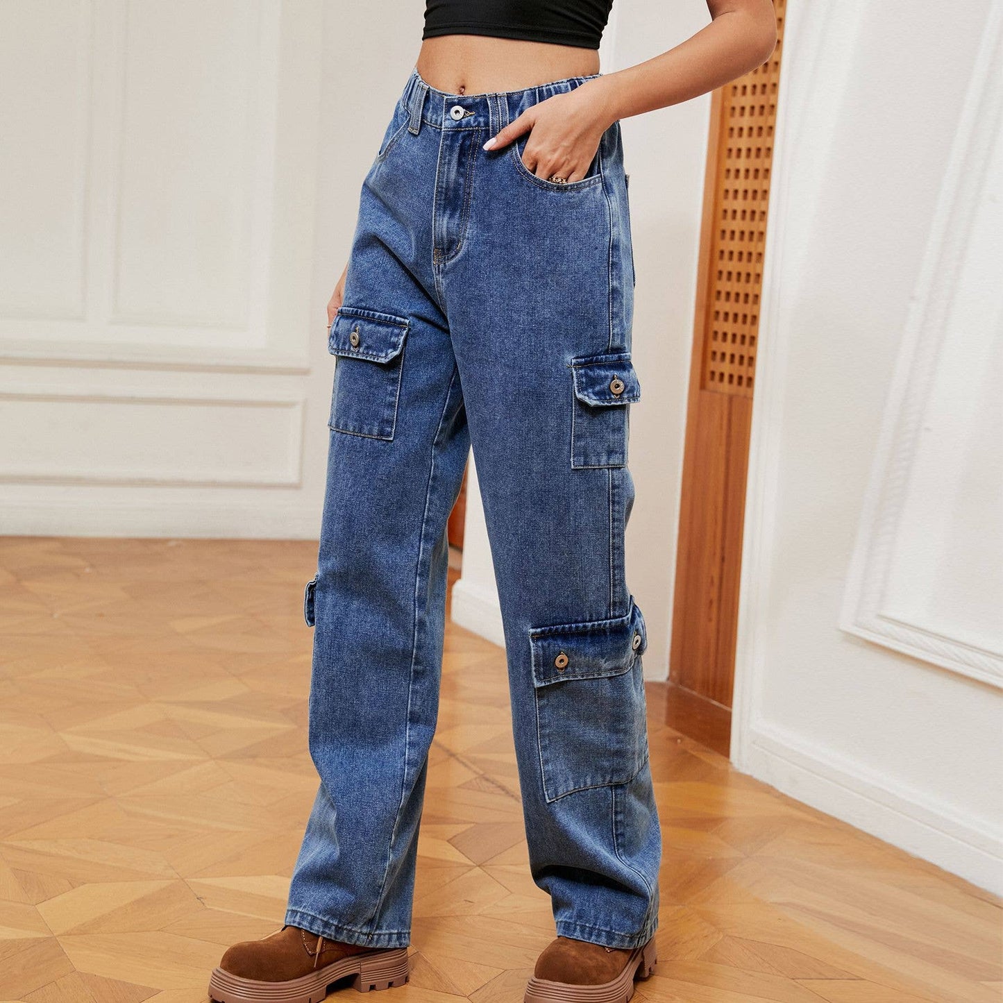 Semi-elastic personalized denim cargo pants