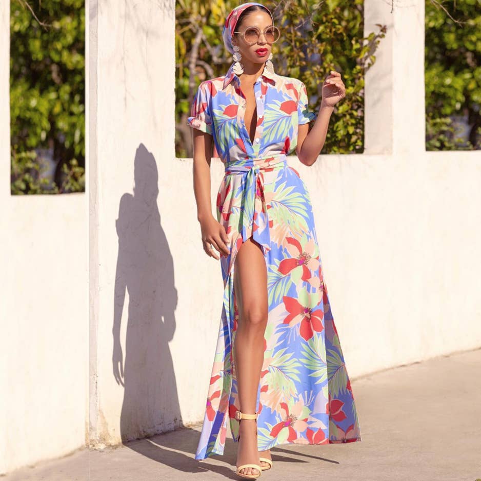 Printed lace-up Bohemian dress