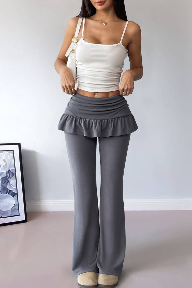 CWBLP2148_SOLID BALLET LAYERED FLARE LEG CASUAL PANTS