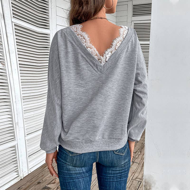 V-neck lace patchwork fashionable pullover shirt