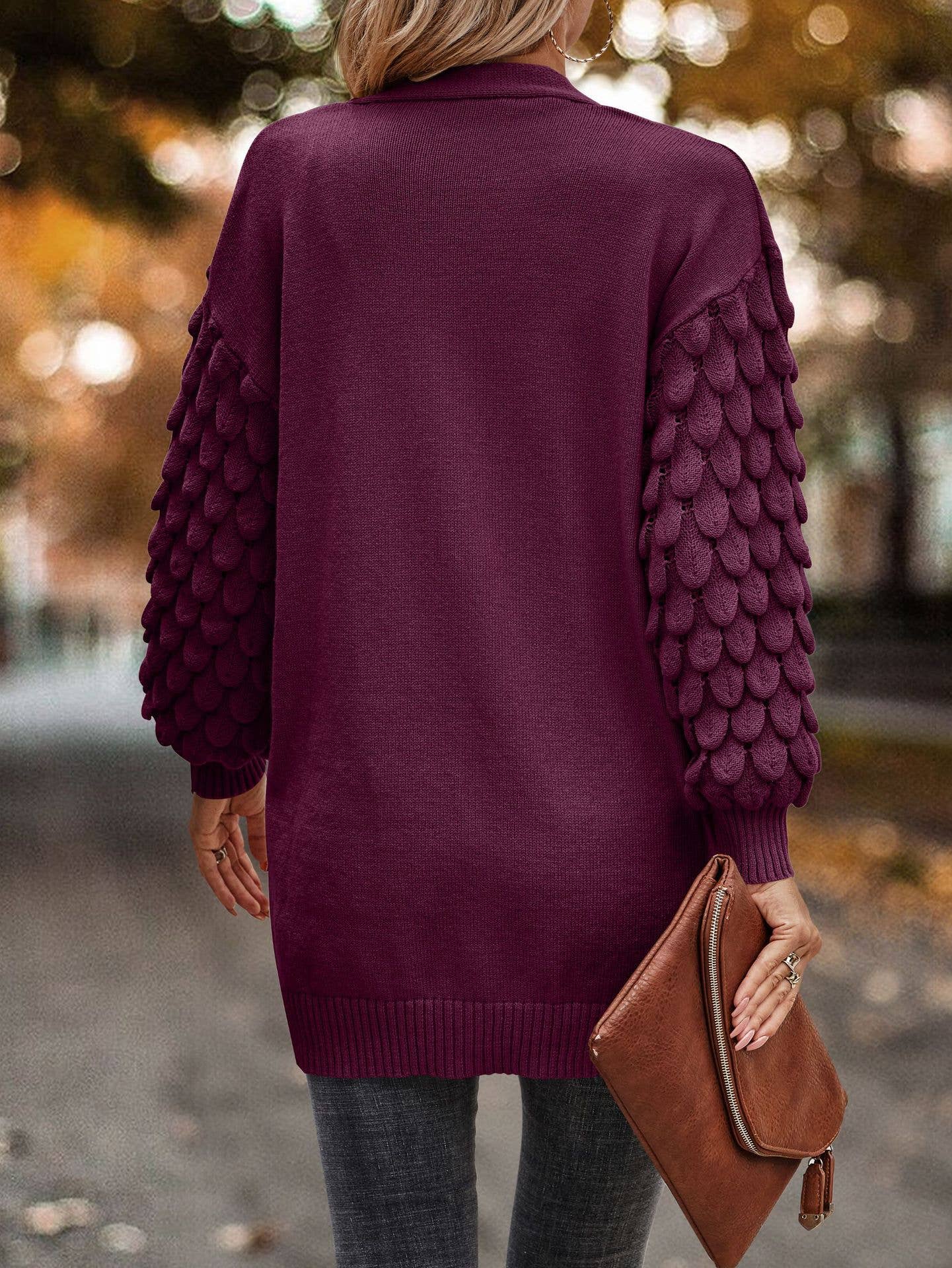 FEATHERED V-NECK LONG SLEEVE KNIT CARDIGAN