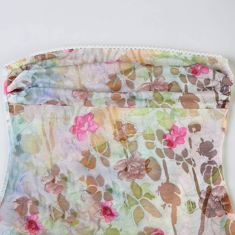 Vacation-style floral print irregular strapless