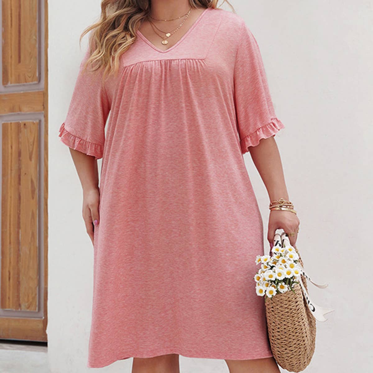 SOLID COLOR PLUSSIZE CHIFFON V NECK CASUAL DRESS_CWDSD3143