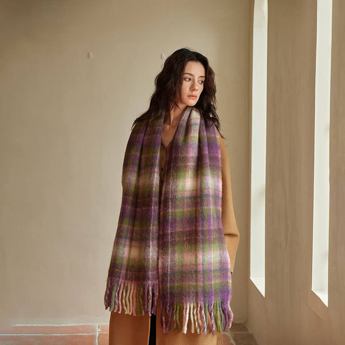 Purple Pink Wool Blend Plaid Scarf - Winter Warmth_CWASC2334