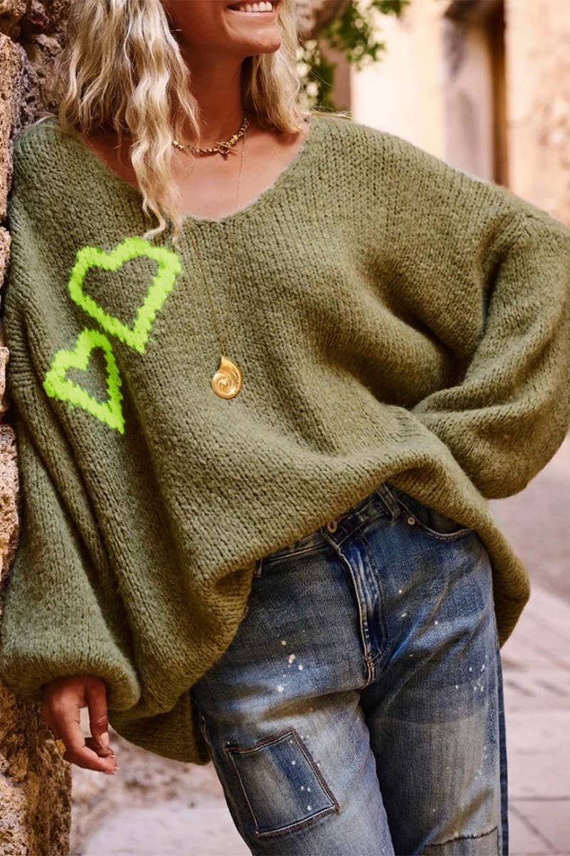 CWOSWL07445_HEART PRINT V NECK CASUAL LOOSE KNIT SWEATER