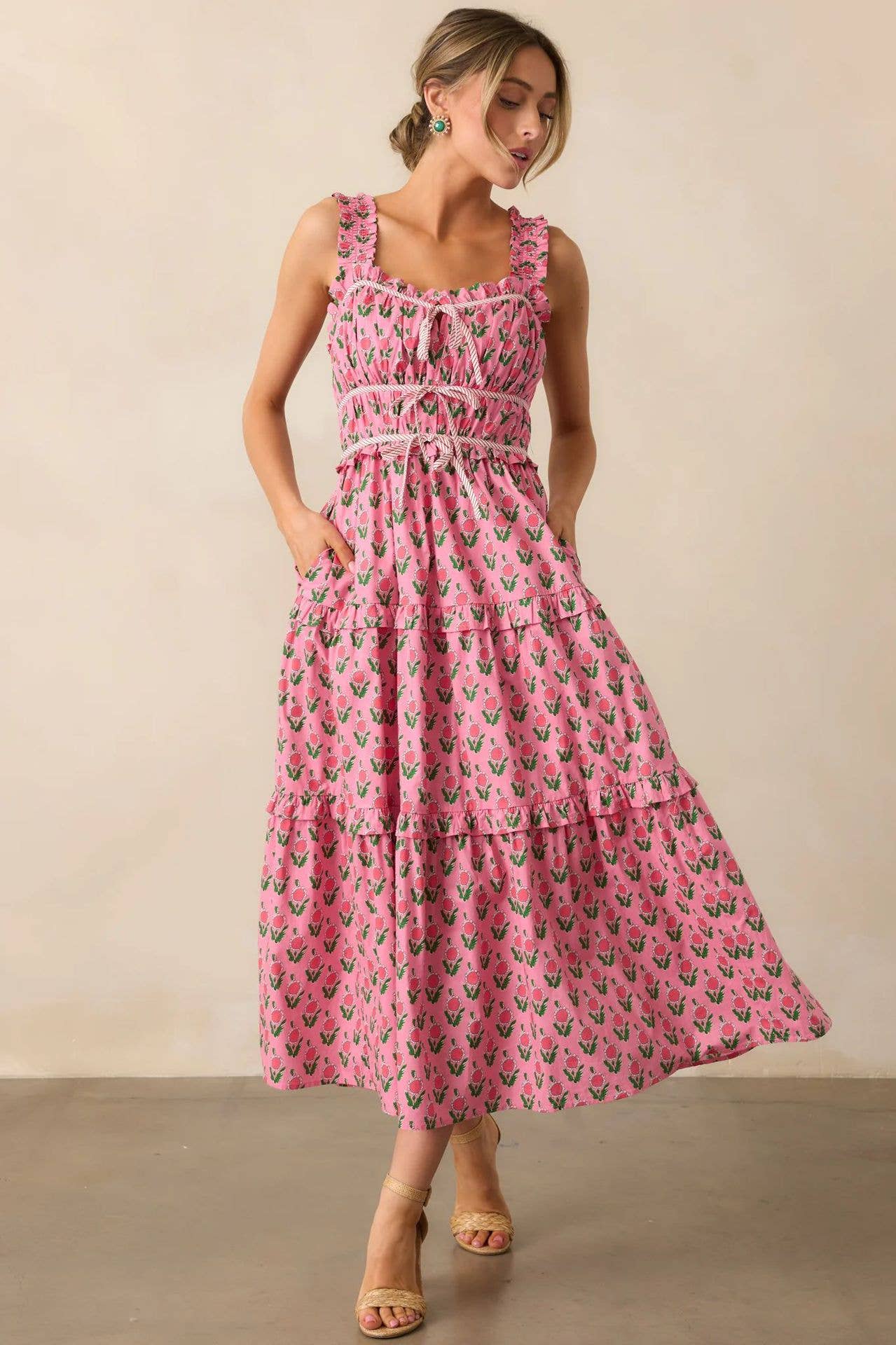 Vacation style long French floral halter dress