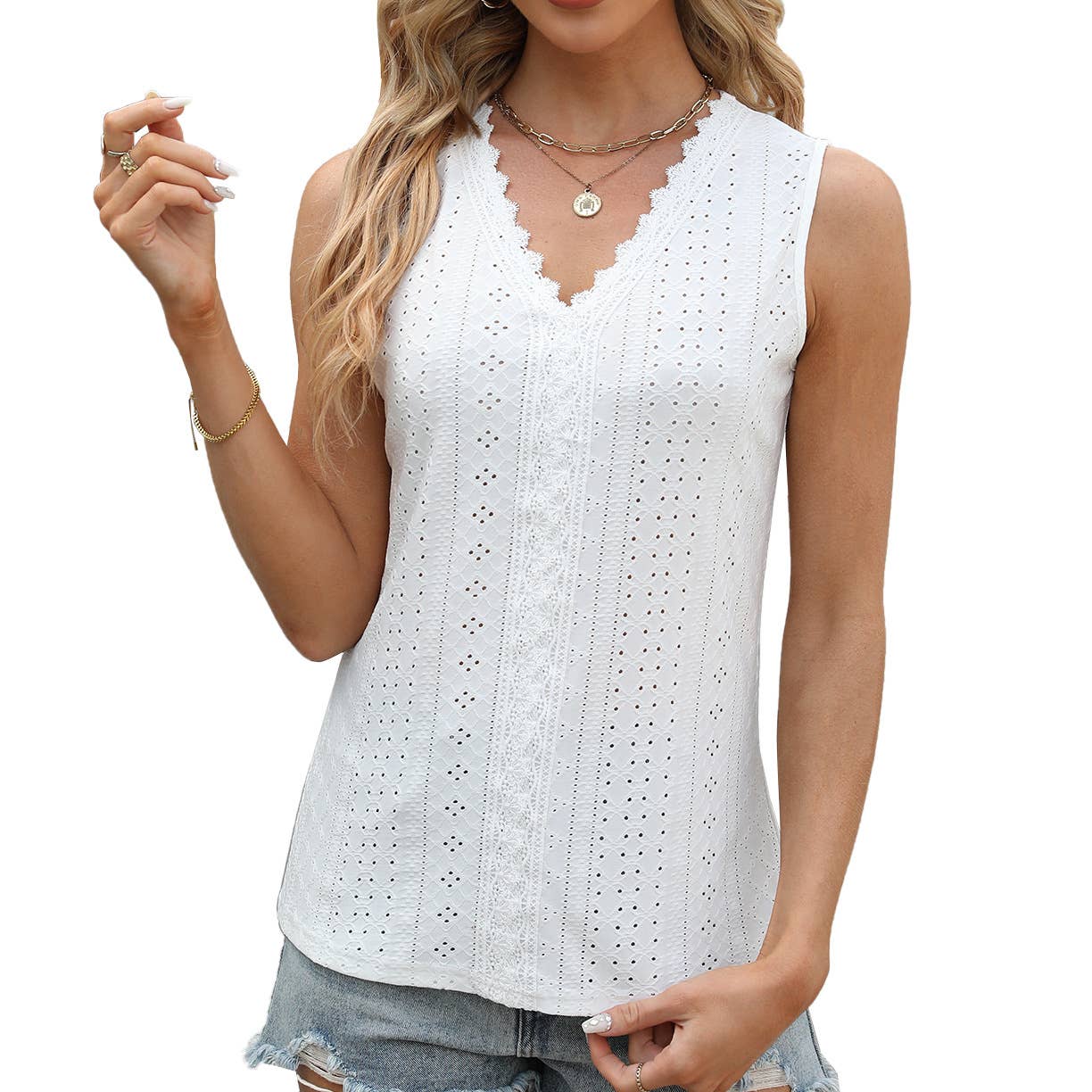 V-neck lace sleeveless solid color casual vest
