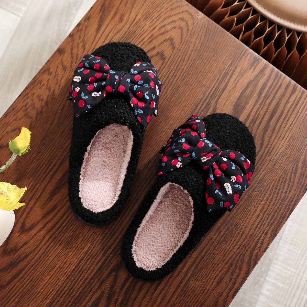 Cute Cherry Bow Slippers Thick Warm Indoor Shoes_CWSHF00212
