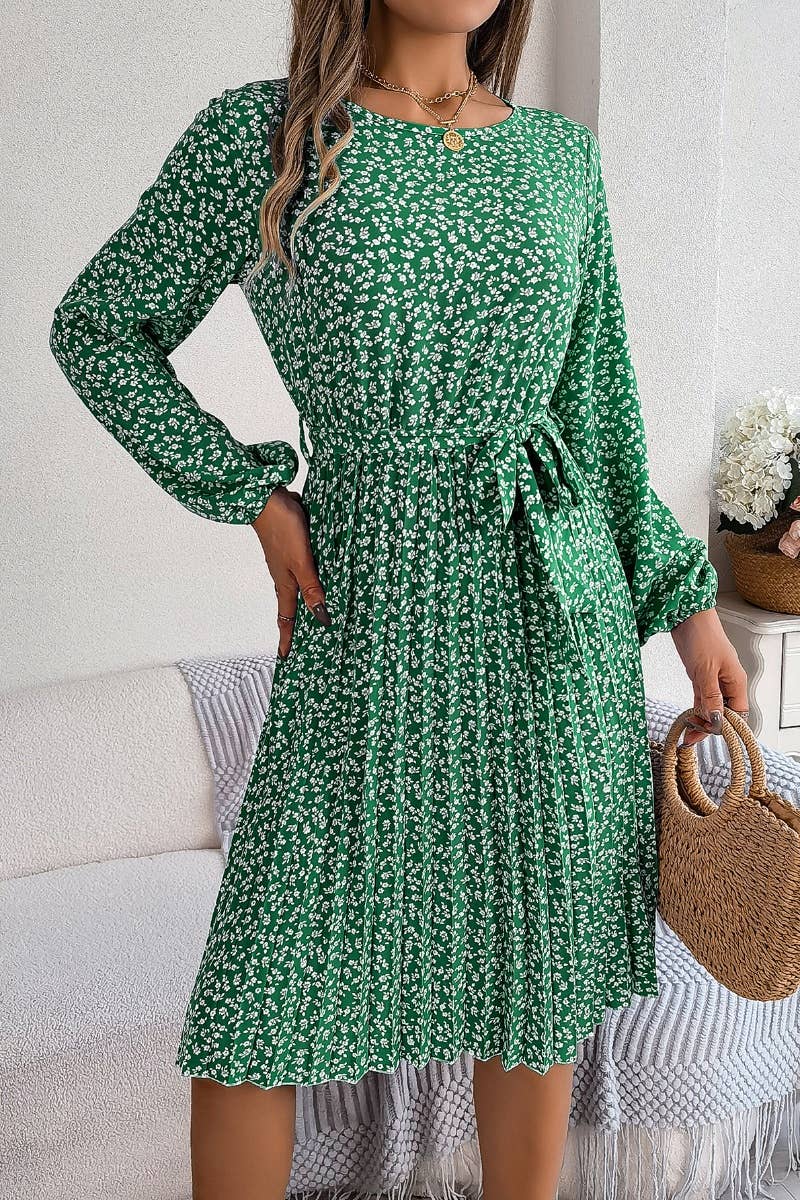 CWDSD4657_LONG-SLEEVED FLORAL PLEATED ONE-PIECE SKIRT