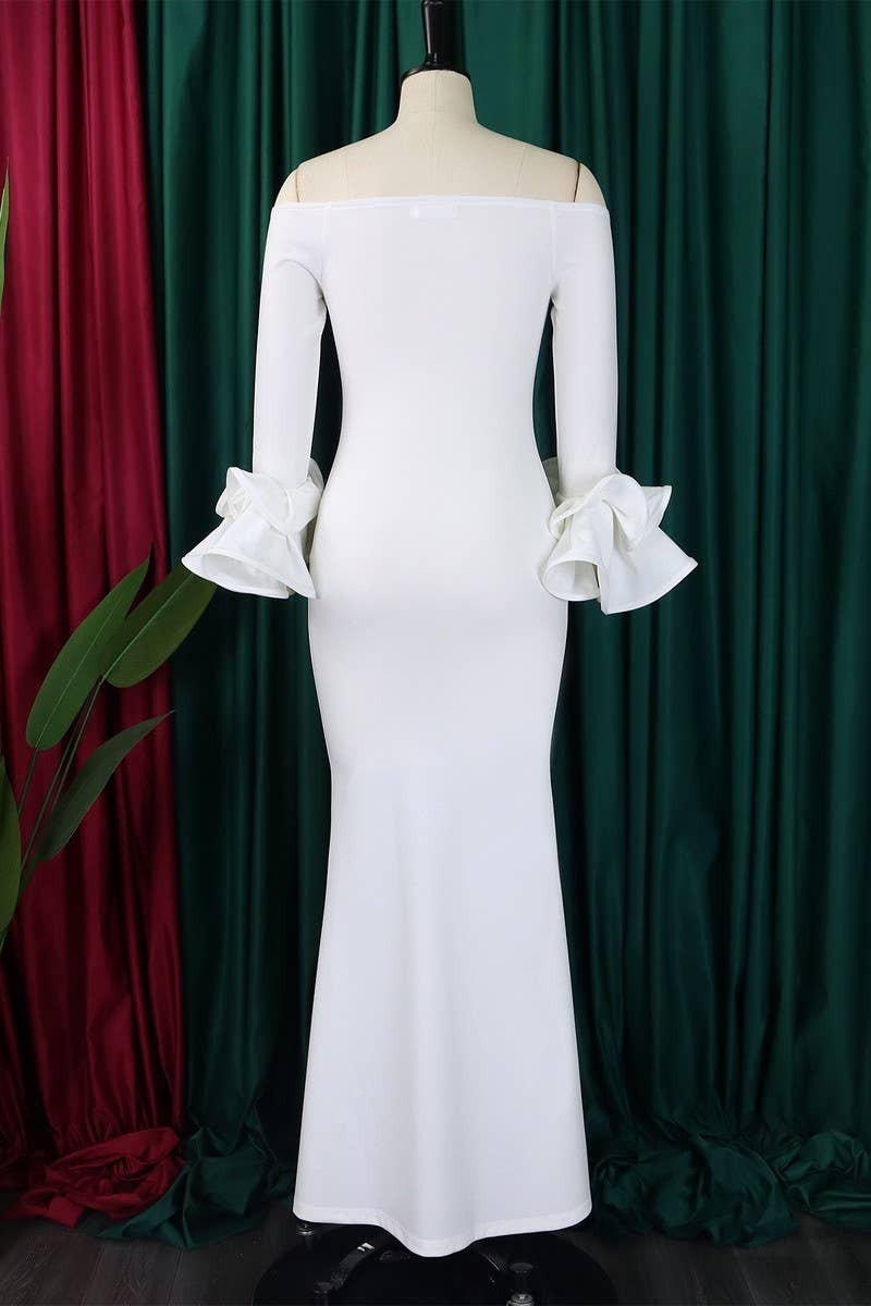 CWDMD1729_ONE SHOULDER SLIT RUFFLE SLEEVE EVENING MAXI DRESS