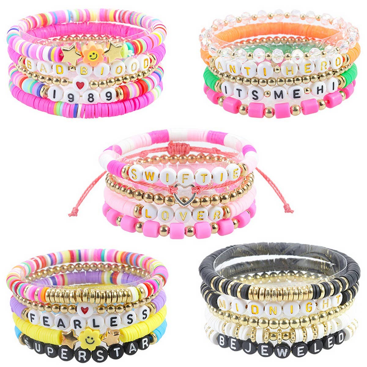 5PCS SMILING FACE LETTER BEAD BRACELET SET_CWMM0537
