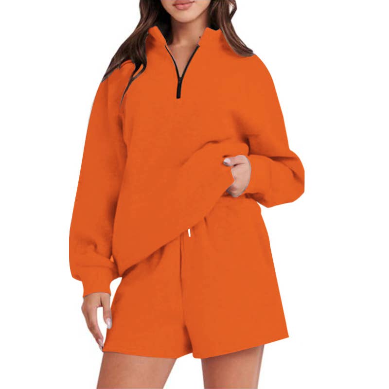 Pocket solid-color shorts and hoodie set