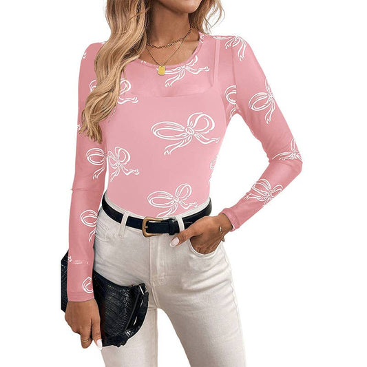 Slim-fit mesh see through bow pullover T-shirt