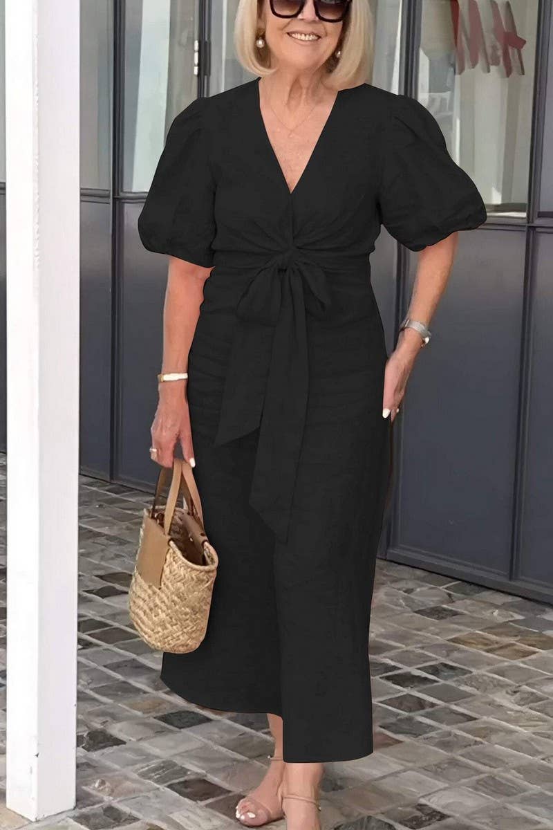 CWDMD4156_V-NECK TIE PUFF SLEEVE SHORT-SLEEVED DRESS