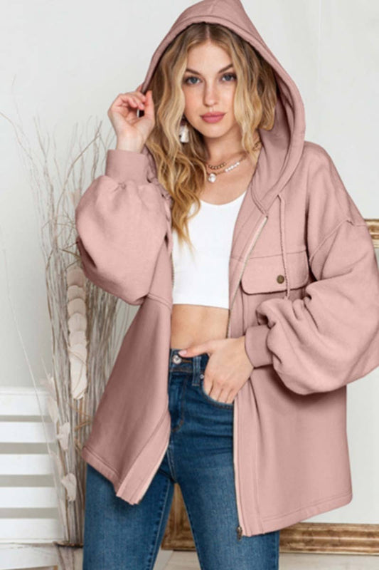 CWOCO1057_HOODED POCKET PLUSH LONG-SLEEVED COAT JACKET