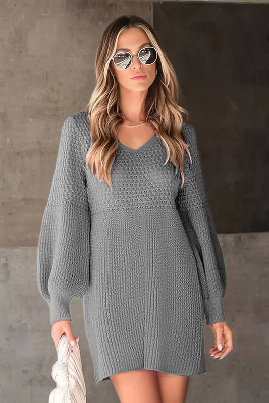 CWDSD10582_V NECK PUFF SLEEVE SOLID KNIT SWEATER DRESS