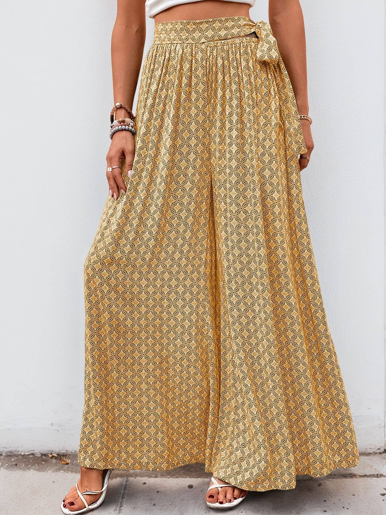 Casual lace-up geometric print flared pants