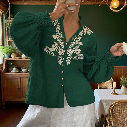 Embroidered single-breasted lantern sleeve top