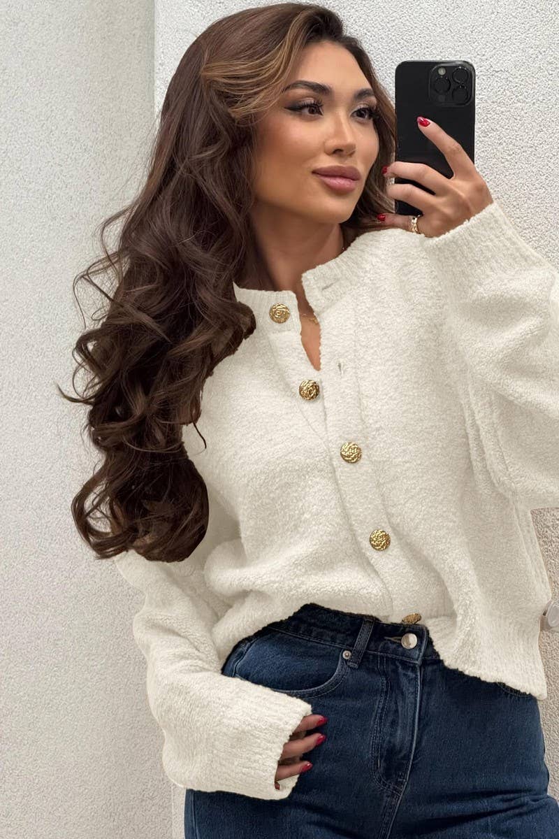 CWOCAL2356_SOLID COLOR CREWNECK BUTTON CARDIGAN