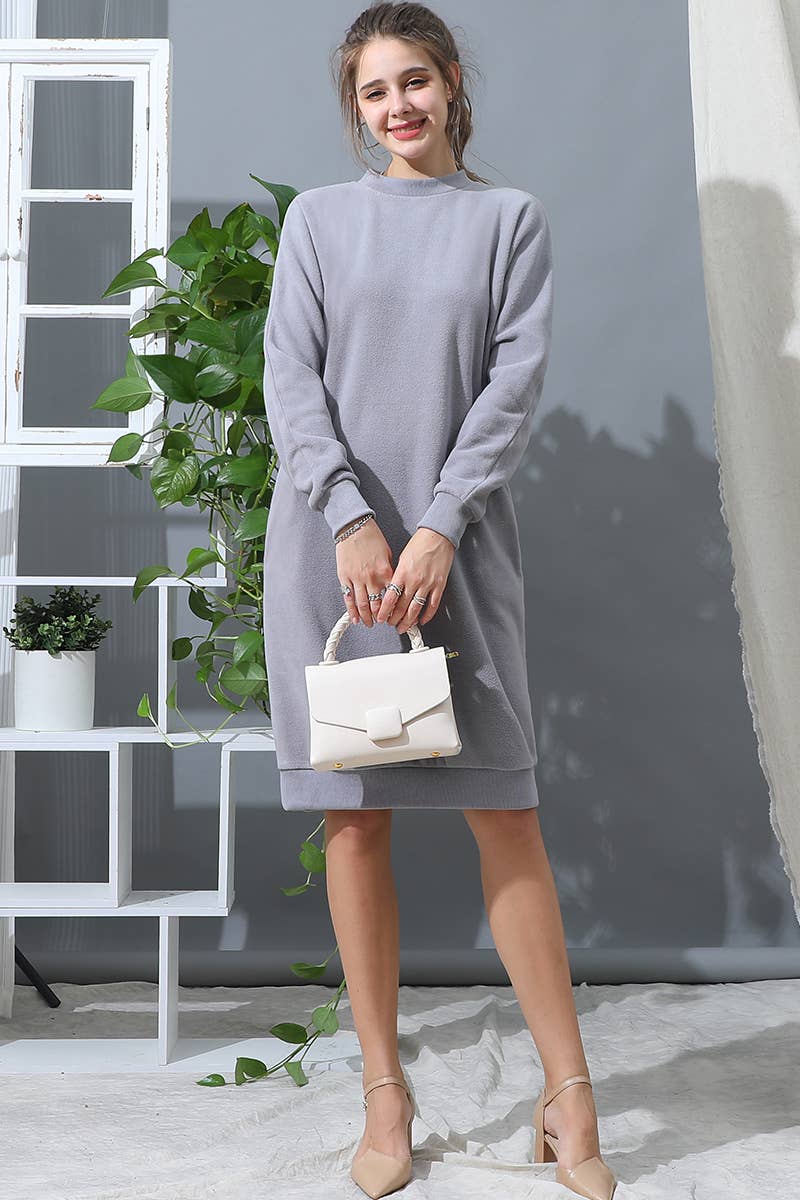 CWDMD793_R NECK FLEECE PULLOVER DRESS WITH SIDE POCKETS