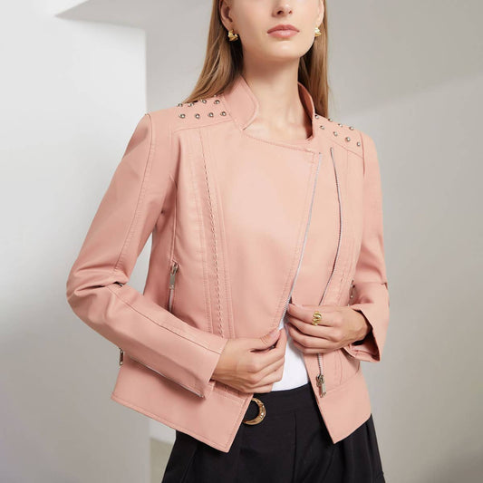 Thin beaded leather biker jacket with lapel