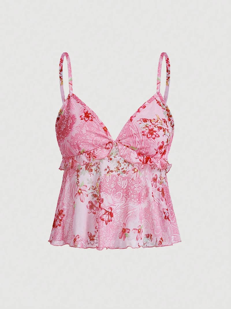 Printed Semi-Transparent Black Ear-Trimmed Top