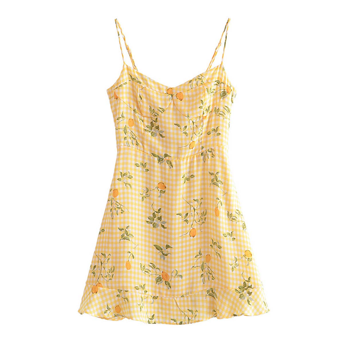 A strappy dress with floral prints and ruffles