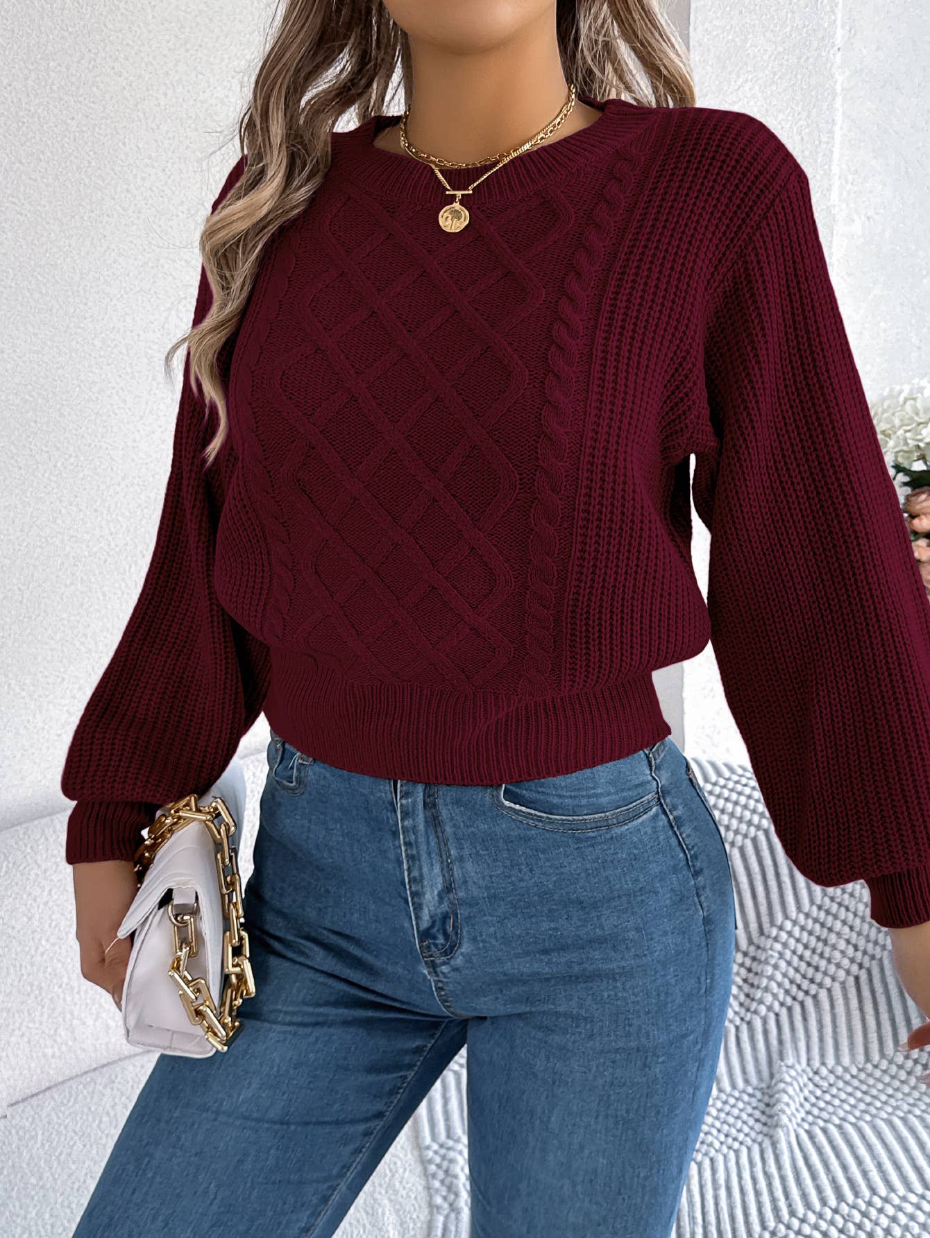 Lantern long-sleeved cinched-waist sweater