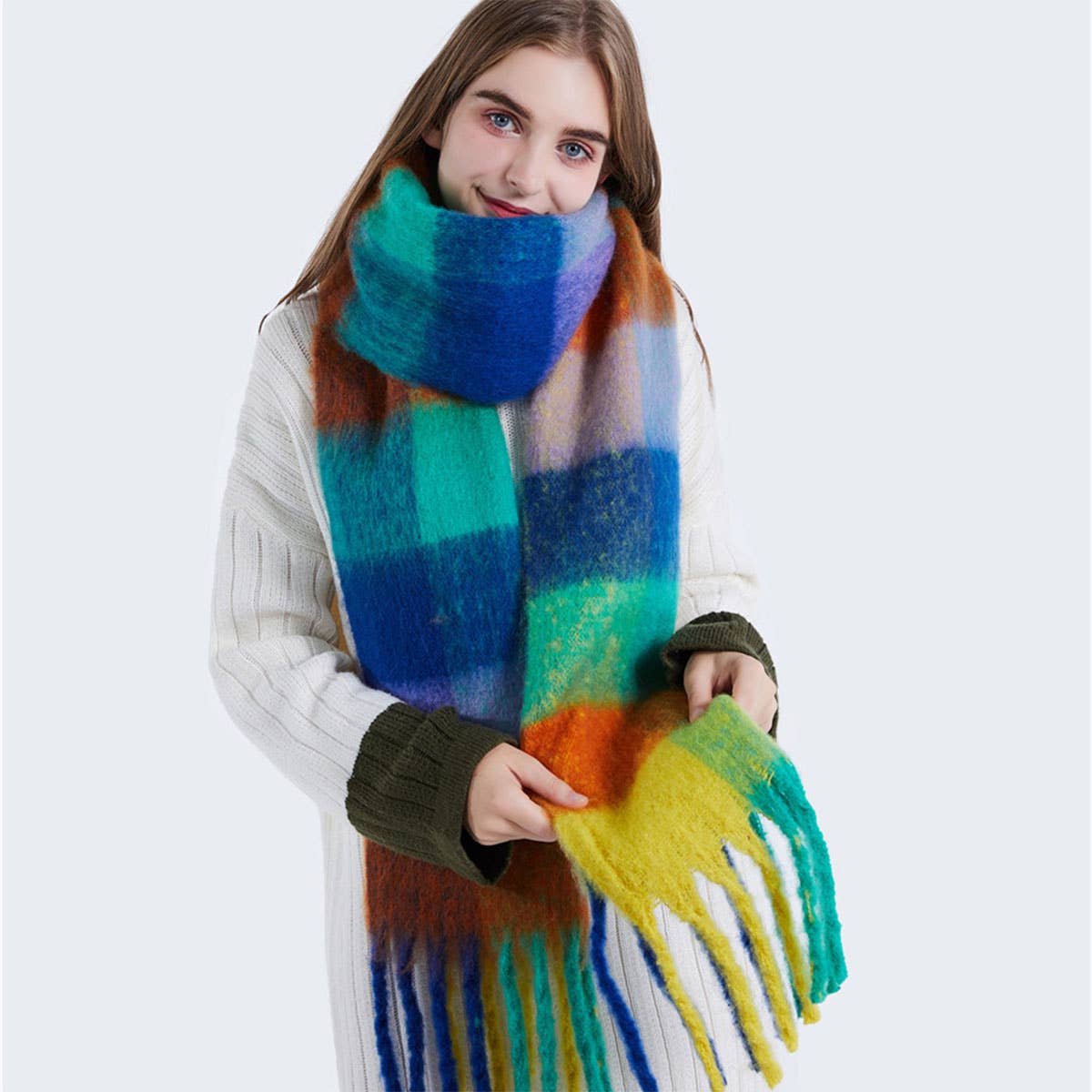 olorful Mohair Checkered Scarf - Thick Wrap_CWASC0167