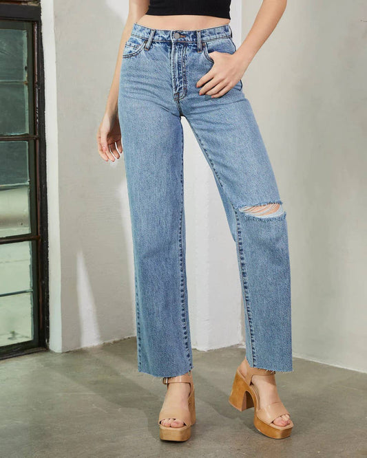High-waisted washed fashionable ripped jeans