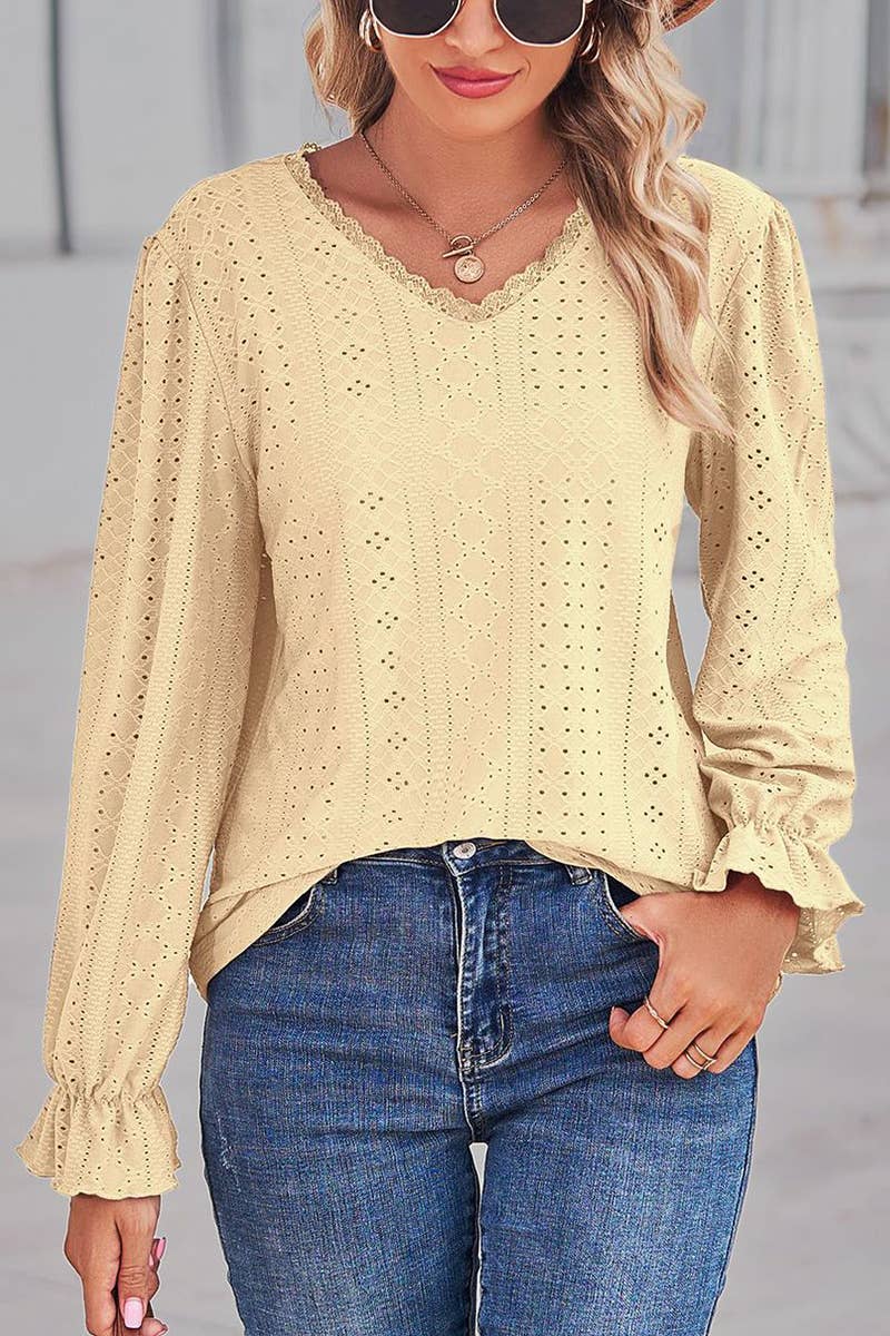 WOMEN LACE TRIM NECK EYELET LONG SLEEVE SHIRT TOP_CWTSTL0301