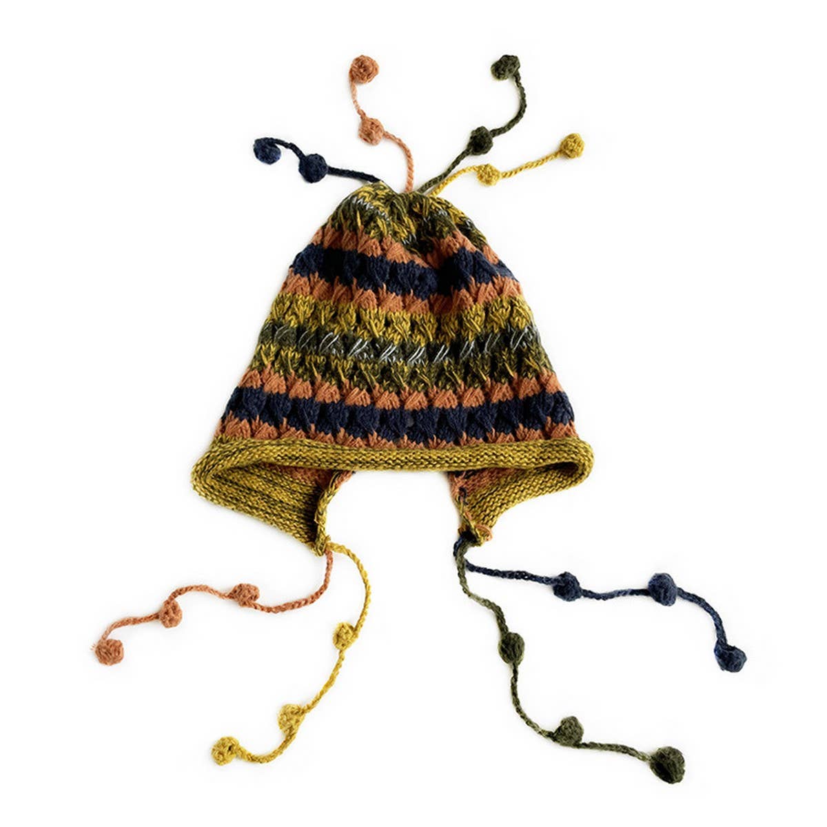 COLORFUL BALL EARFLAP LACE-UP TASSEL KNITTED HAT_CWAH2061