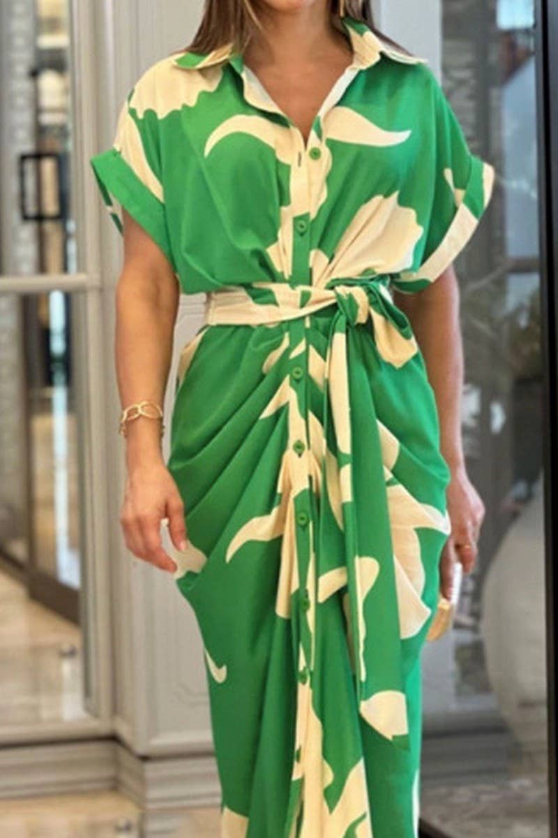 CWDMD4064_LAPEL PRINTED MIDI SHORT SLEEVE TIE SHIRT DRESS