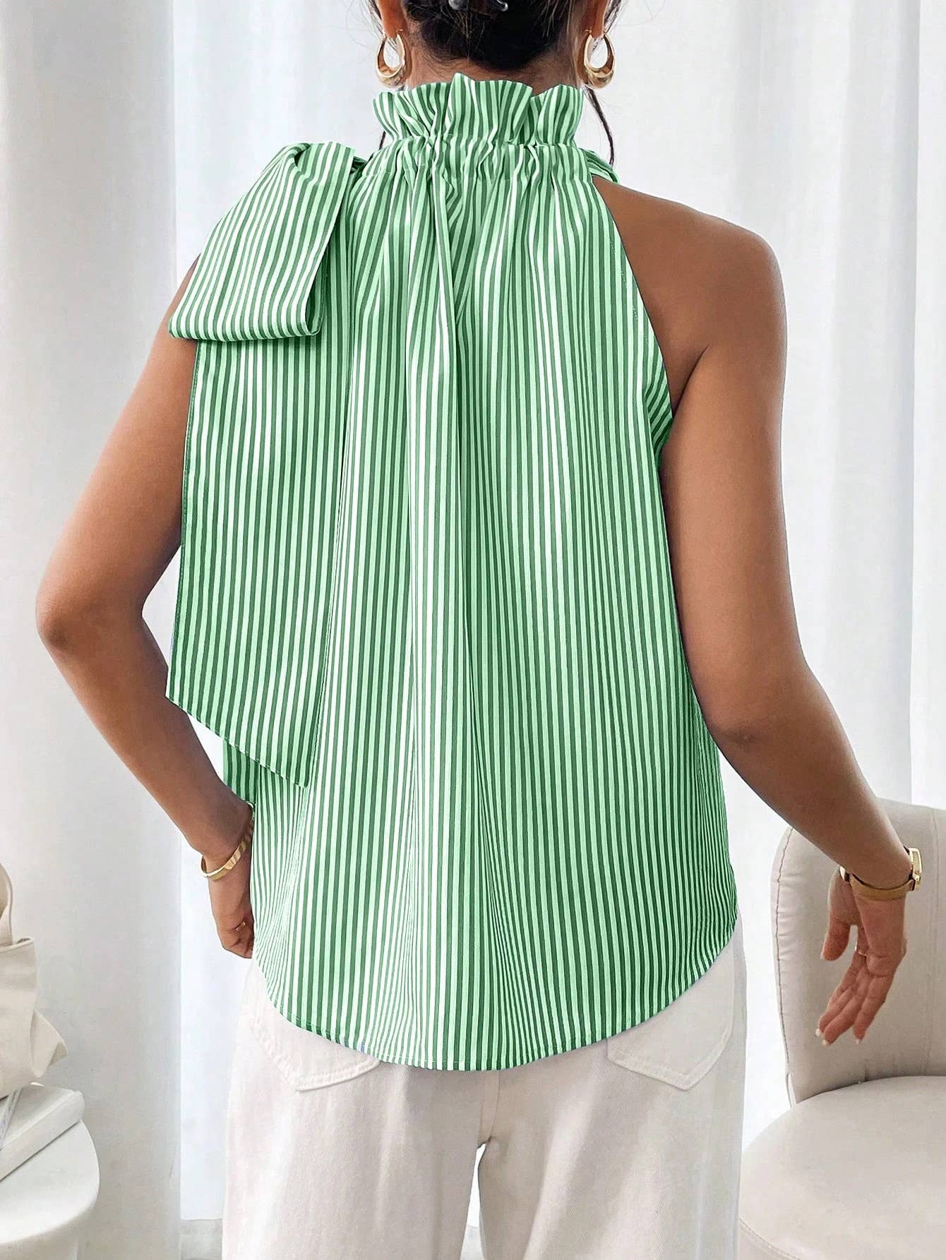 Fashion striped lace high-neck knot-tied T-shirt