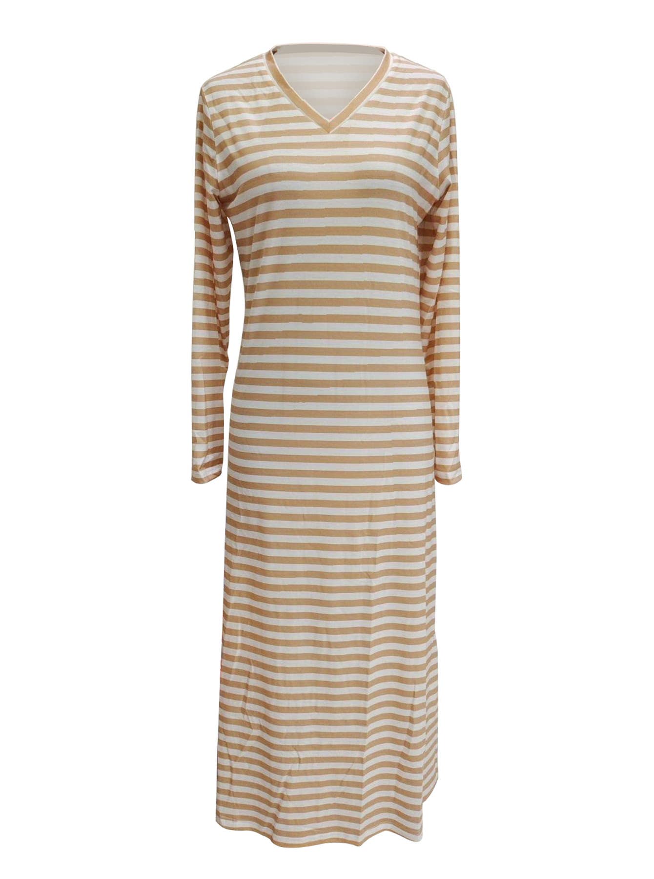 STRIPED V-NECK LONG SLEEVE CASUAL LONG DRESS