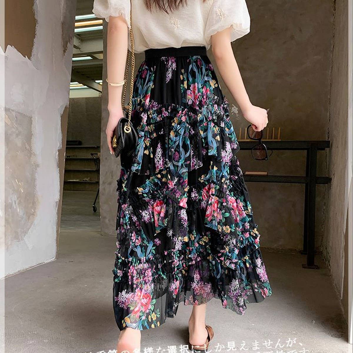 COLORFUL FLORAL MESH PRINT PLEATED TULLE SKIRT