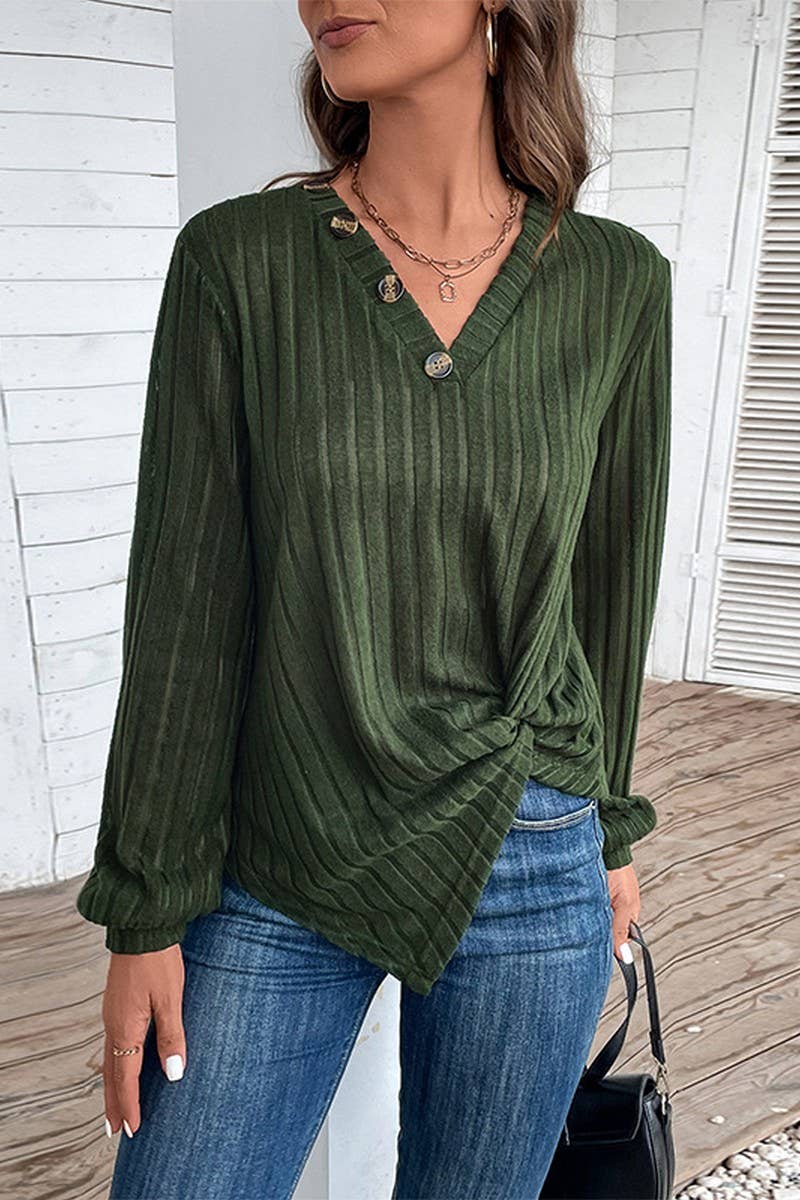 LONG SLEEVE SOLID COLOR V NECK SWEATER_CWOSWL2085