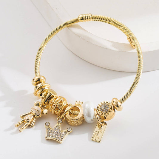 DIY Crown Bear Letter Charm Couple Bracelet