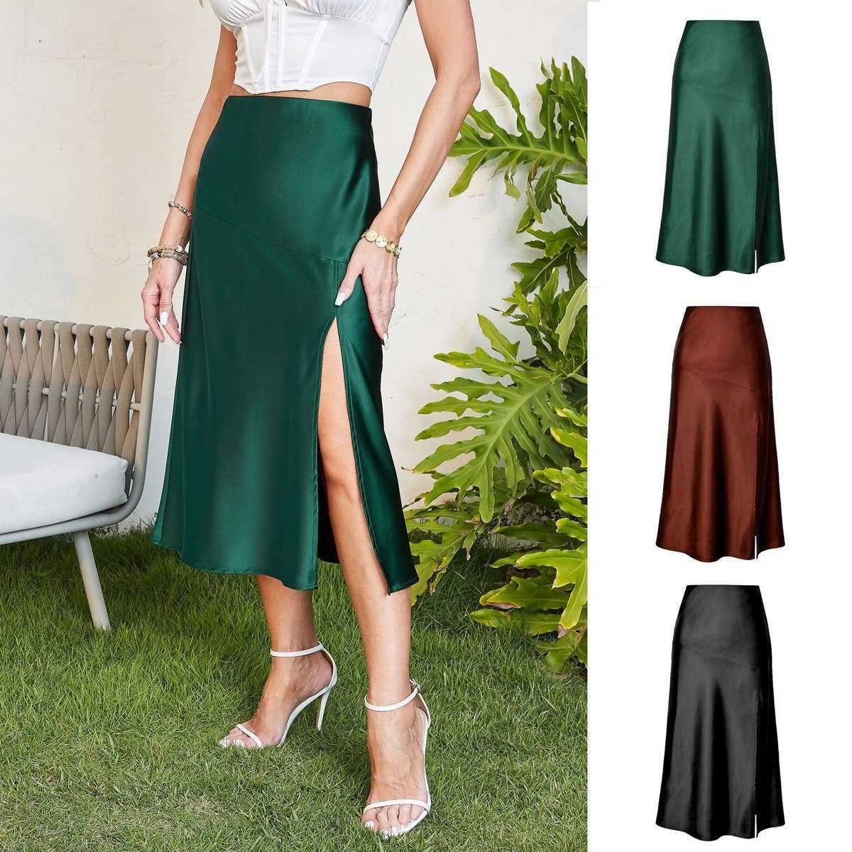 HIGH WAIST SATIN SKIRT SOLID COLOR SLIT LONG SKIRT