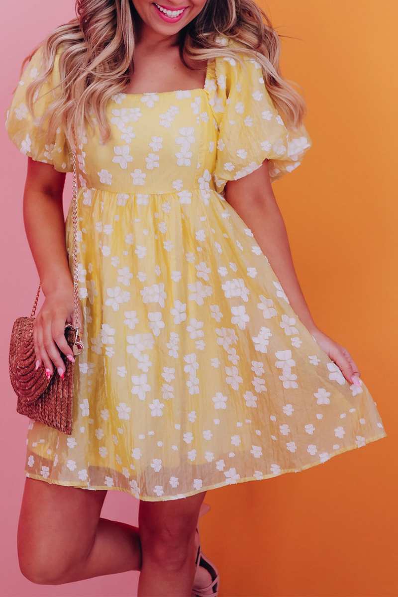 CWDSD5360_PUFFY SLEEVE SHORT SLEEVE HIGH-WAISTED DRESS