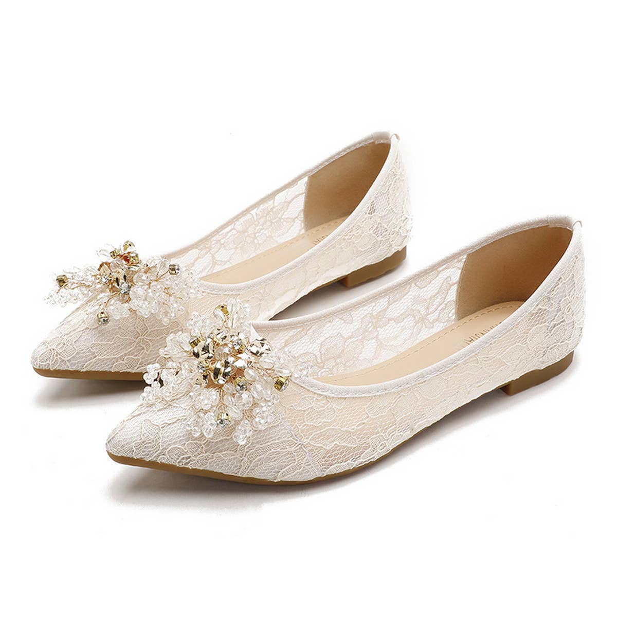 LACE AND RHINESTONE POINTED TOE FLATS