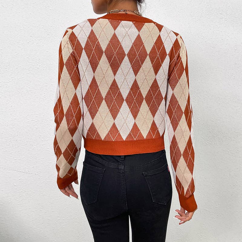 Vintage long sleeve short diamond check sweater