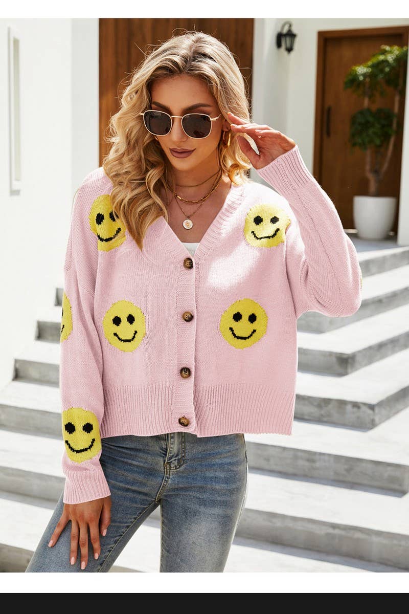CWOCAL0777_SMILEY FACE LOOSE KNIT CARDIGAN SWEATER