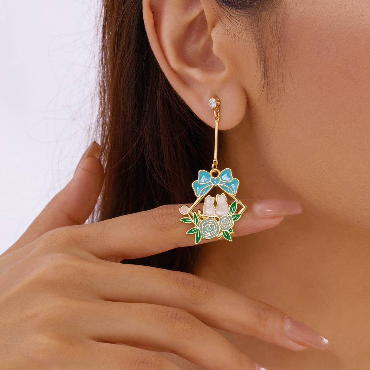 OIL PAINTING CHERRY BLOSSOM RABBIT EARRINGS_CWAJE2422