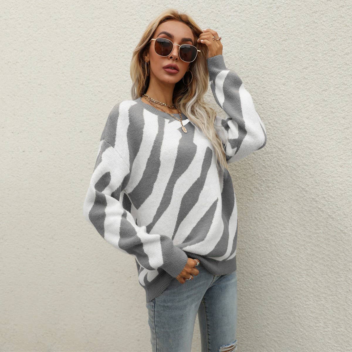 Striped stylish knit pullover sweater