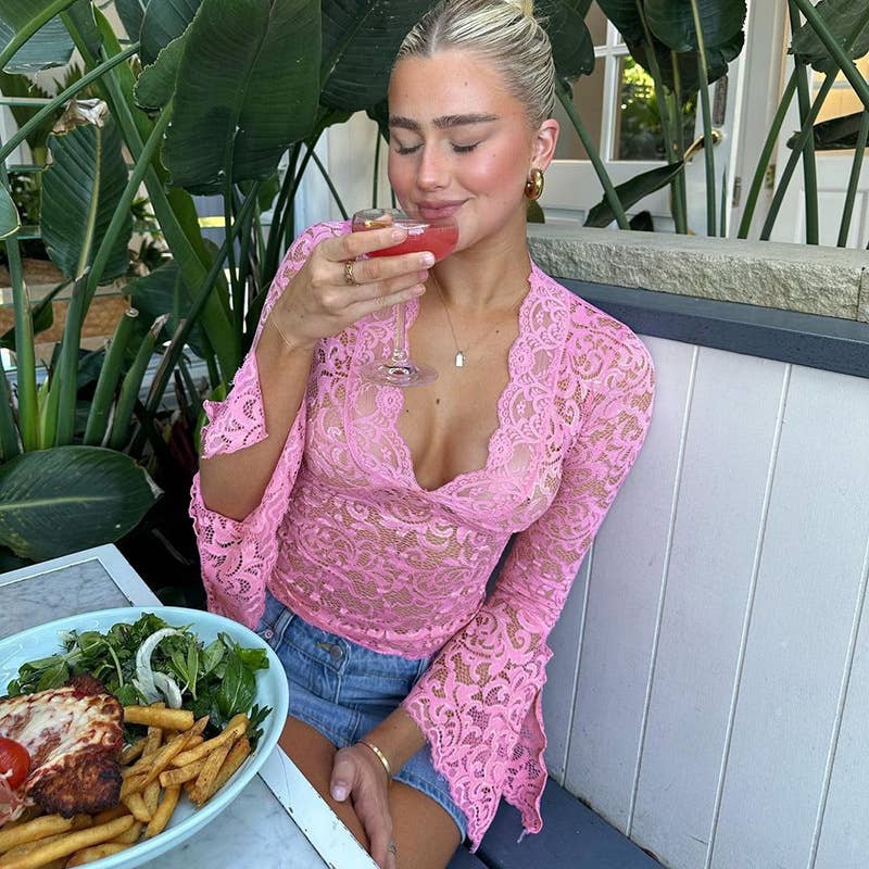 Sexy Deep V Lace Trim Slim Fit Crop Top