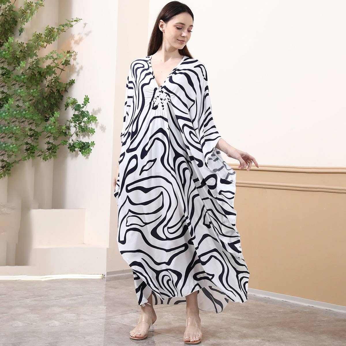 Zebra Print Rayon Beach Cover-Up with Woven Front_CWMM6158
