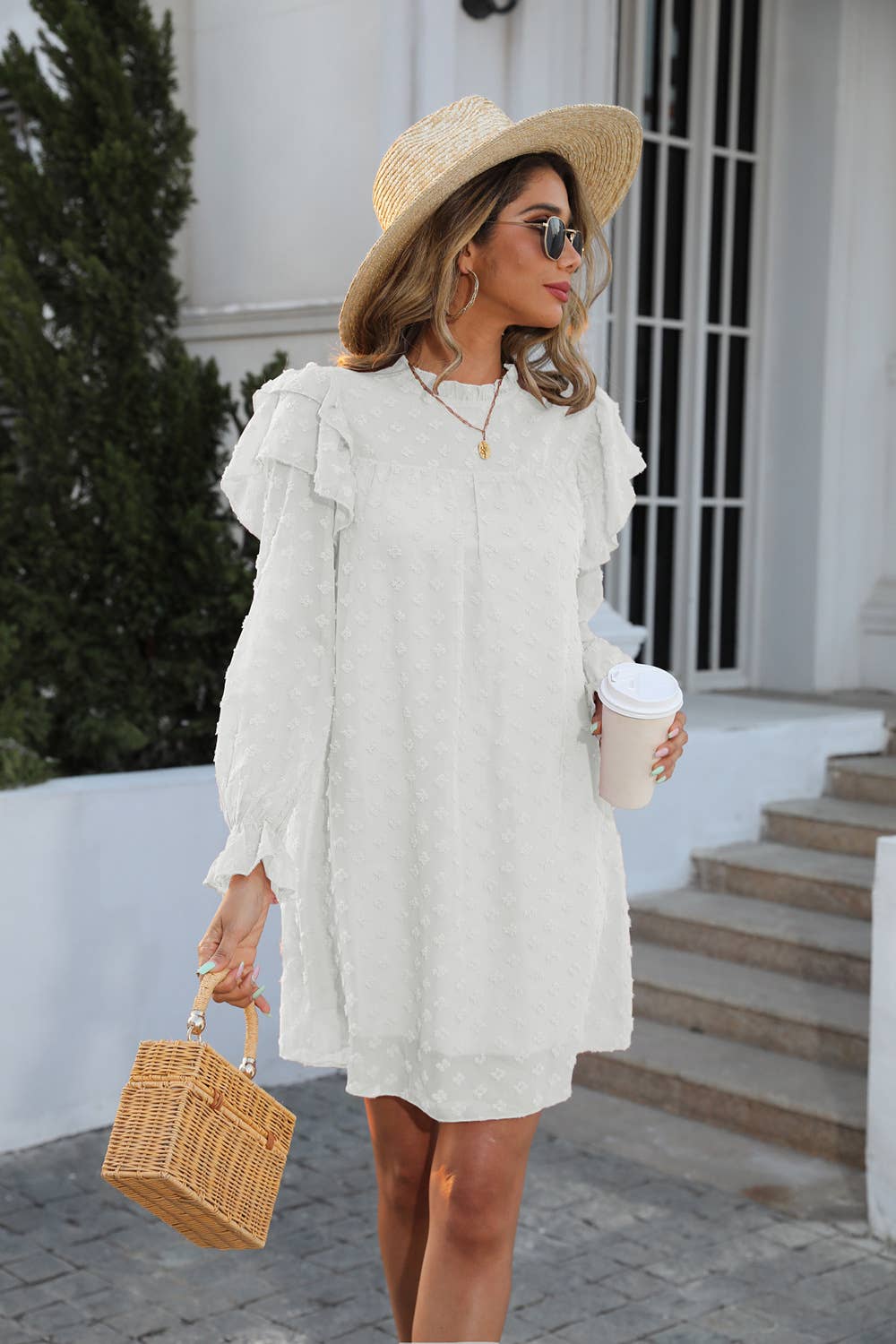 Ruffled long-sleeved solid chiffon jacquard dress