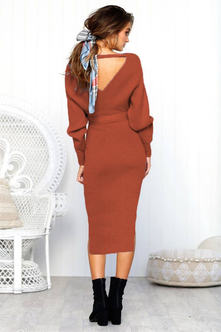 SEXY V-NECK LACE-UP LONG-SLEEVED DRESS